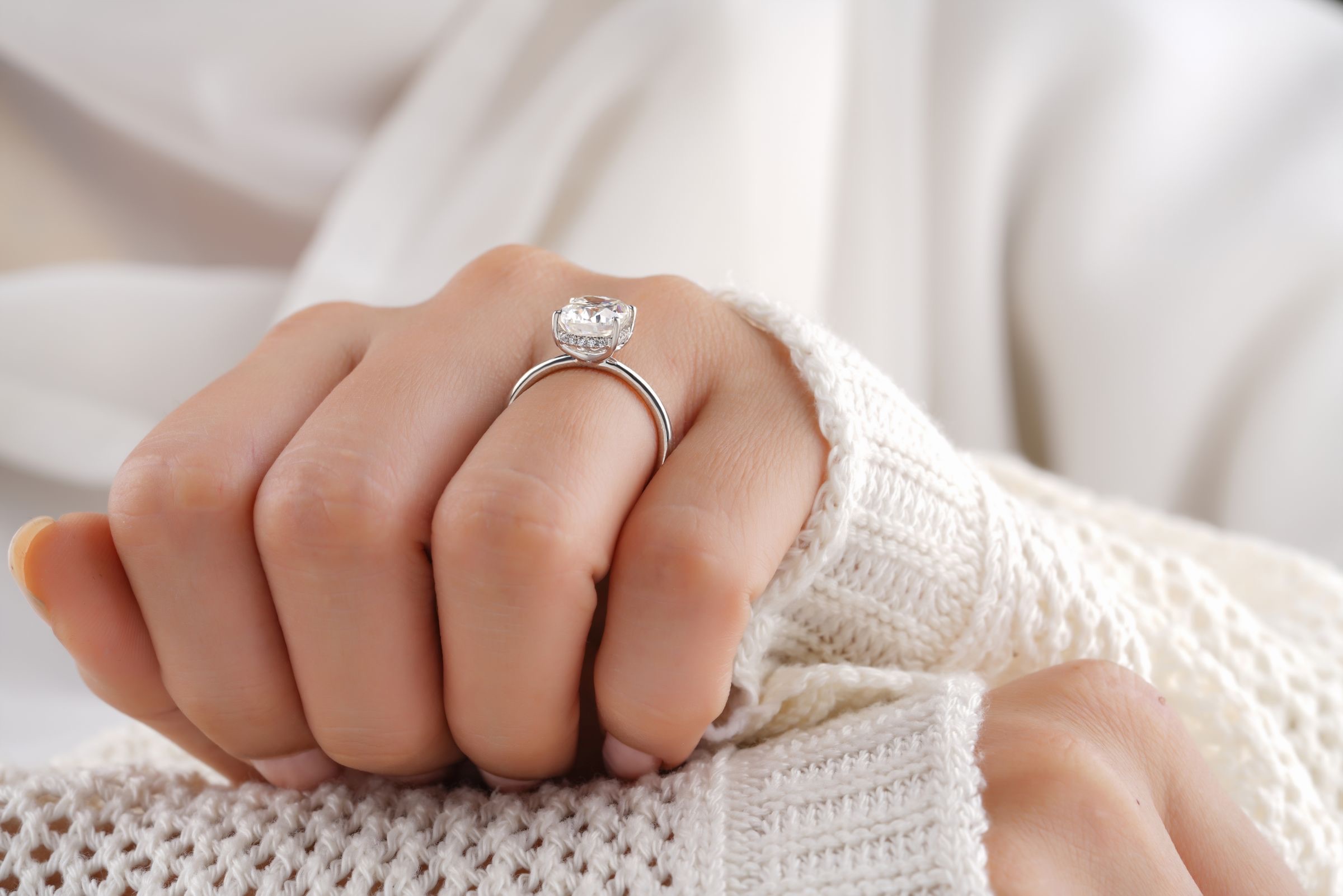 Close view of a diamond solitaire ring on a hand